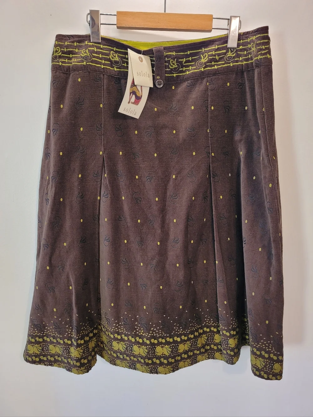 Solola Nwt Women's Brown & Green Embroidered Polka Dot Midi Skirt - Size 12 - Picture 3 of 10